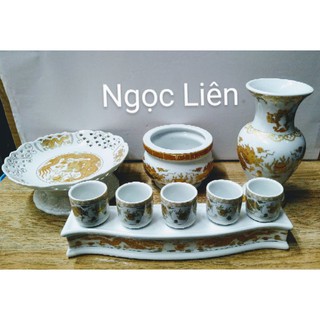 Set Bộ đồ thờ trắng rồng vàng cho bàn thờ ngang 50cm