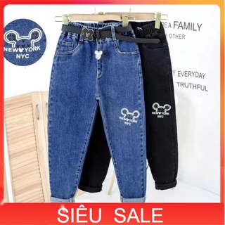 Quần bò cho bé gái 6-12 tuổi in mickey và chữ, Quần jean trẻ em co giãn cực tốt khỏe khoắn thời trang