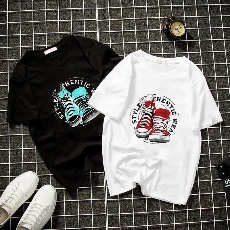 Áo thun unisex đôi giày form rộng vải dày mịn 2019T906