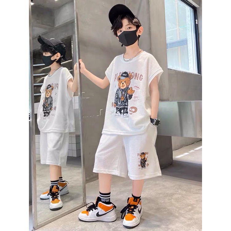 Bộ đồ bé trai Con Xinh cotton sát nách hình in GẤU SOLO,thời trang mùa hè dành cho trẻ em từ 4 đến 10 tuổi