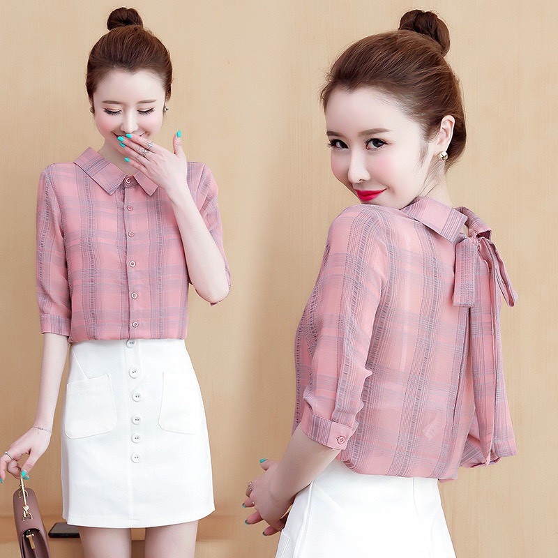 Áo kẻ nơ lưng dễ thương