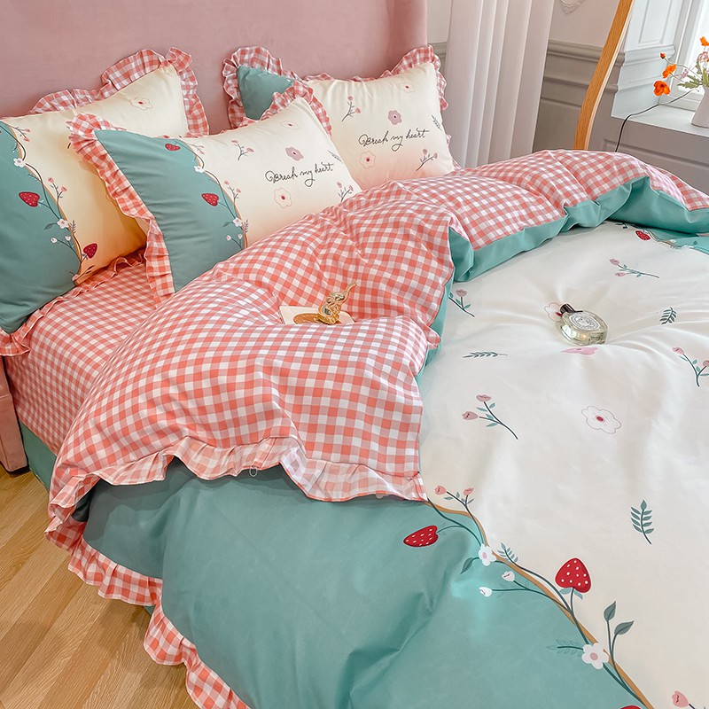 Bộ Chăn Ga Gối Cotton Bèo LIDACO Hoạt Hình 5D - Hoa Dâu Tây Màu 4