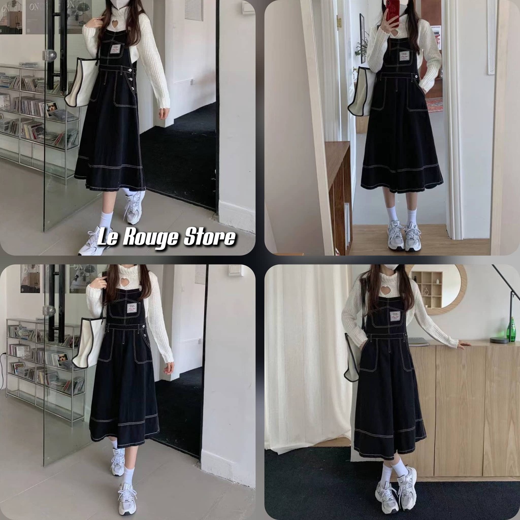 (Order) Váy yếm nữ jean dáng dài form chữ A kiểu chỉ trắng nổi cài khuy bên hông phong cách vintage ulzzang Hàn