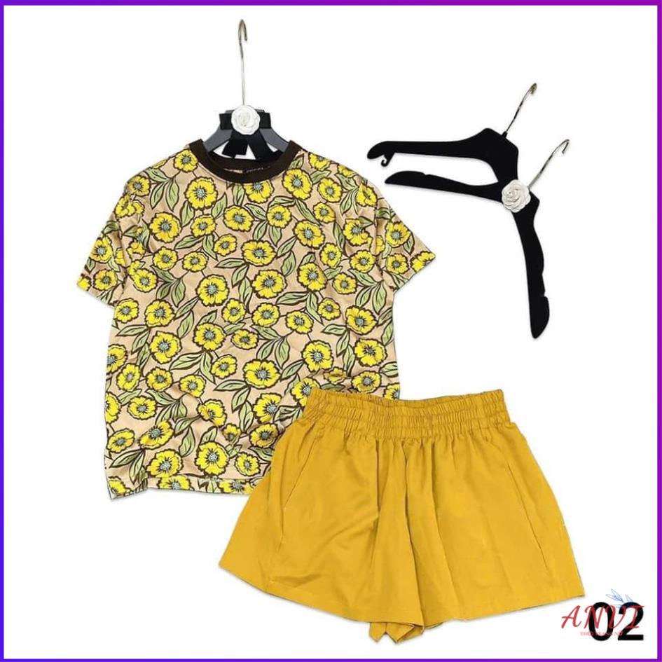 Đồ Bộ Mặc Nhà Nữ ANVI,  Bộ Ngủ Nữ  Áo Cổ Tròn Tay Lở Chất Lụa Họa Tiết Phối Quần Short Màu Trơn Lưng Thun . | BigBuy360 - bigbuy360.vn