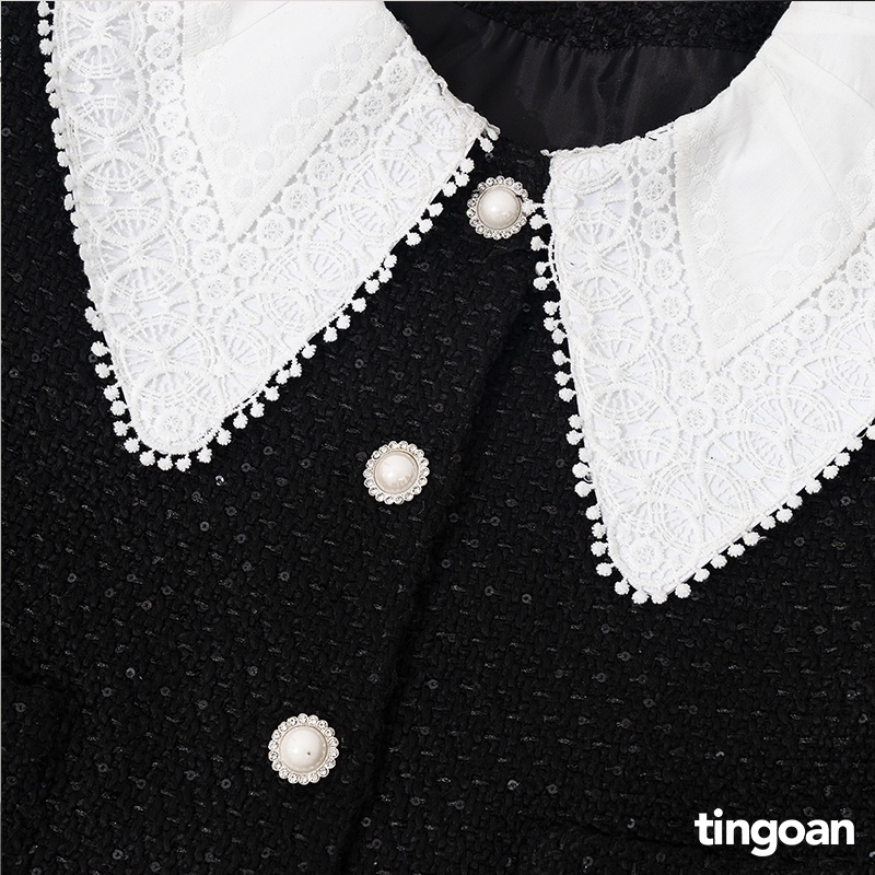 TINGOAN® - Áo khoác tweed đen dáng lửng phối cổ bẻ trắng MOOD FOR LOVE JACKET/BL