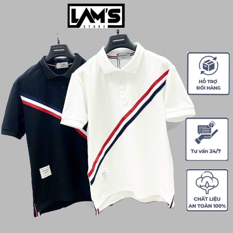 Phông thom Browne LAM'S STORE trắng,đen vạch cổ bẻ,chất vải coton thấm hút mồ hôi,chất vải Polo cá sấu