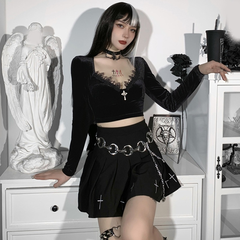 Áo thun croptop tay dài cổ chữ V khoét sâu bằng vải nhung phối ren phong cách gothic Harajuku quyến rũ cho nữ 10MK