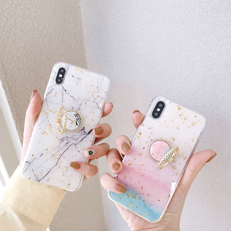 Ốp dẻo nền vân đá cẩm thạch lấp lánh kèm nhẫn vòng cho điện thọai iPhone 6 6S 7 8 Plus iPhone X XS Max XR