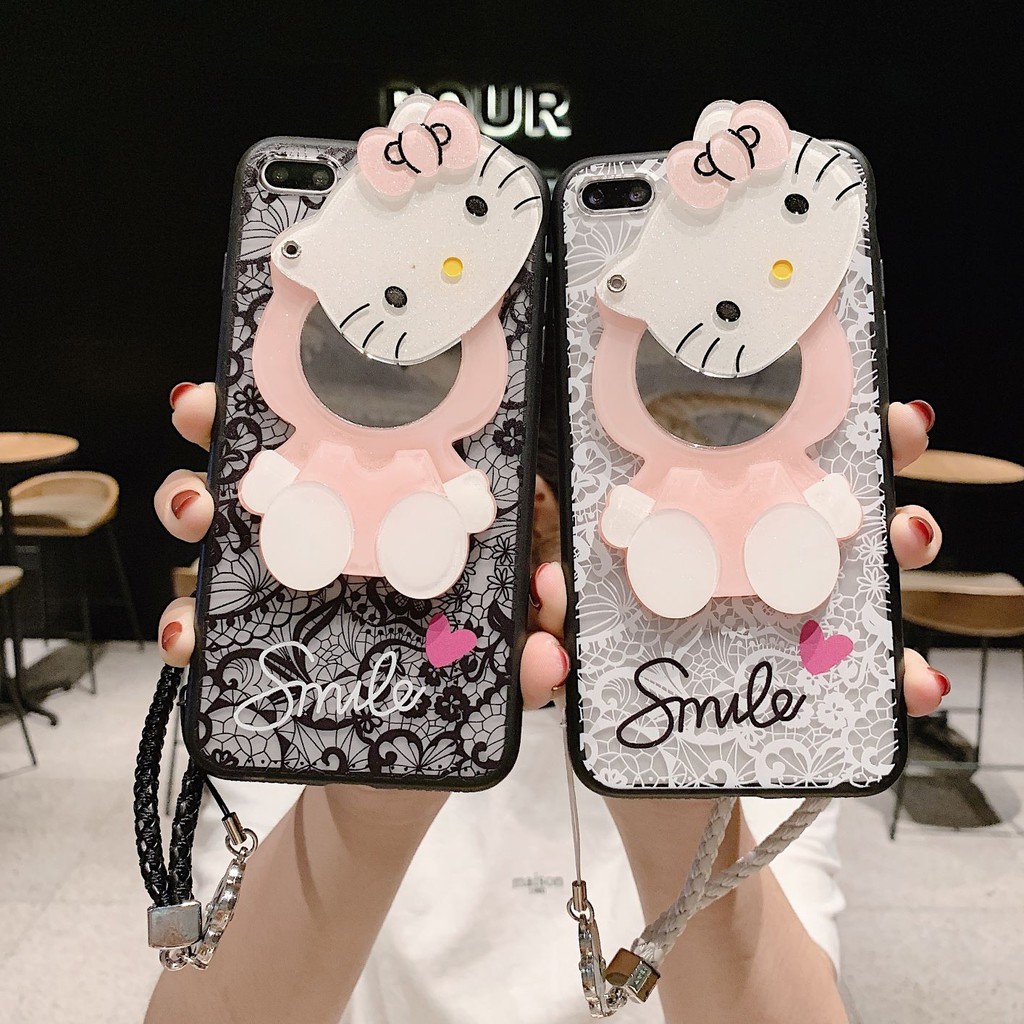 Ốp Điện Thoại Pc Thêu Hình Hello Kitty Kèm Gương Và Dây Đeo Cho Samsung J2 J3 J4 J5 J6 J7 Pro Plus Prime 2015 2016 2018