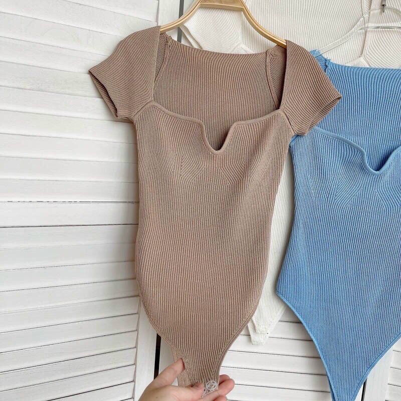 Áo len dệt kim bodysuit cổ vuông tim sexy
