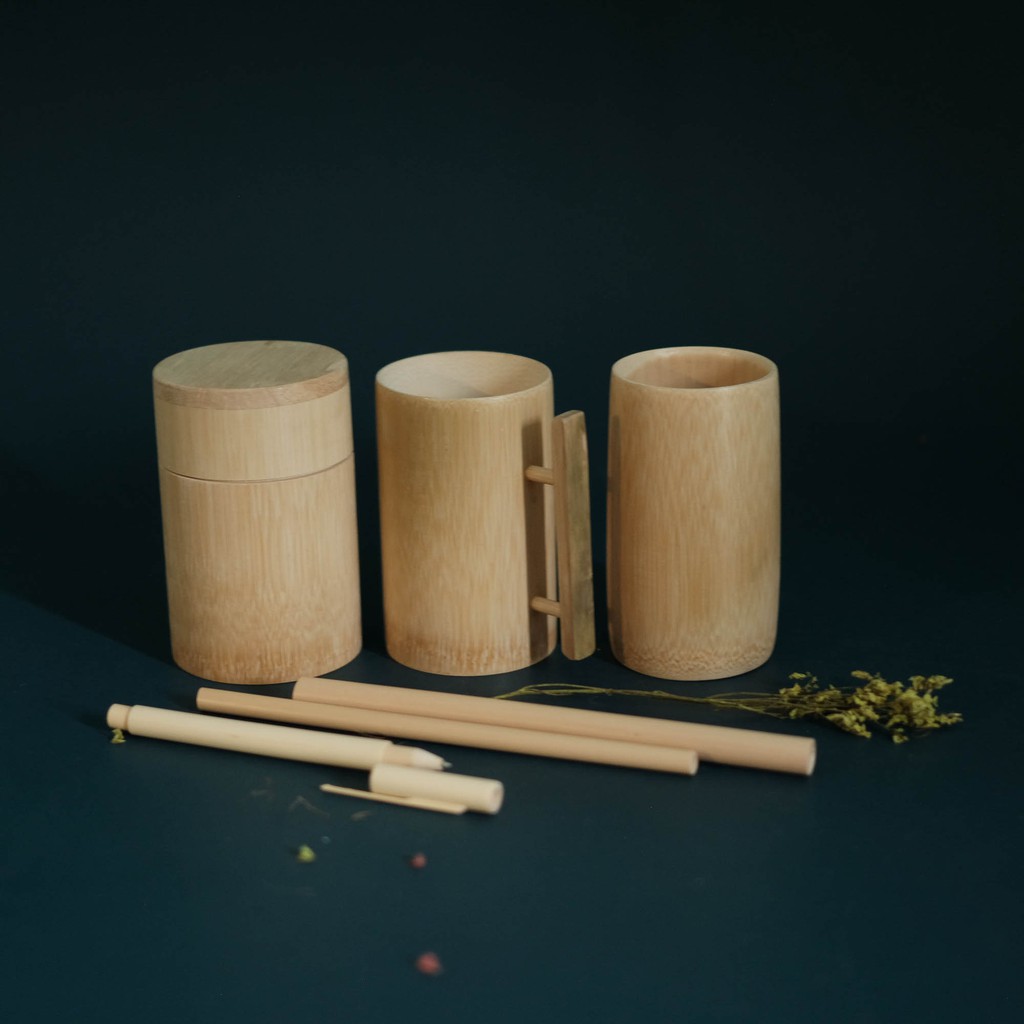 [COMBO] 1 Hộp tre + 1 Ly tre có quai + 1 Ly tre trơn + 1 Bút tre + Ống hút - Handmade
