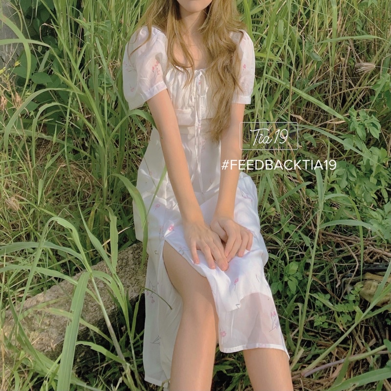 Váy hoa xẻ đùi dáng dài Tia19 . Đầm hoa nhí cutout voan mềm tiểu thư ulzzang