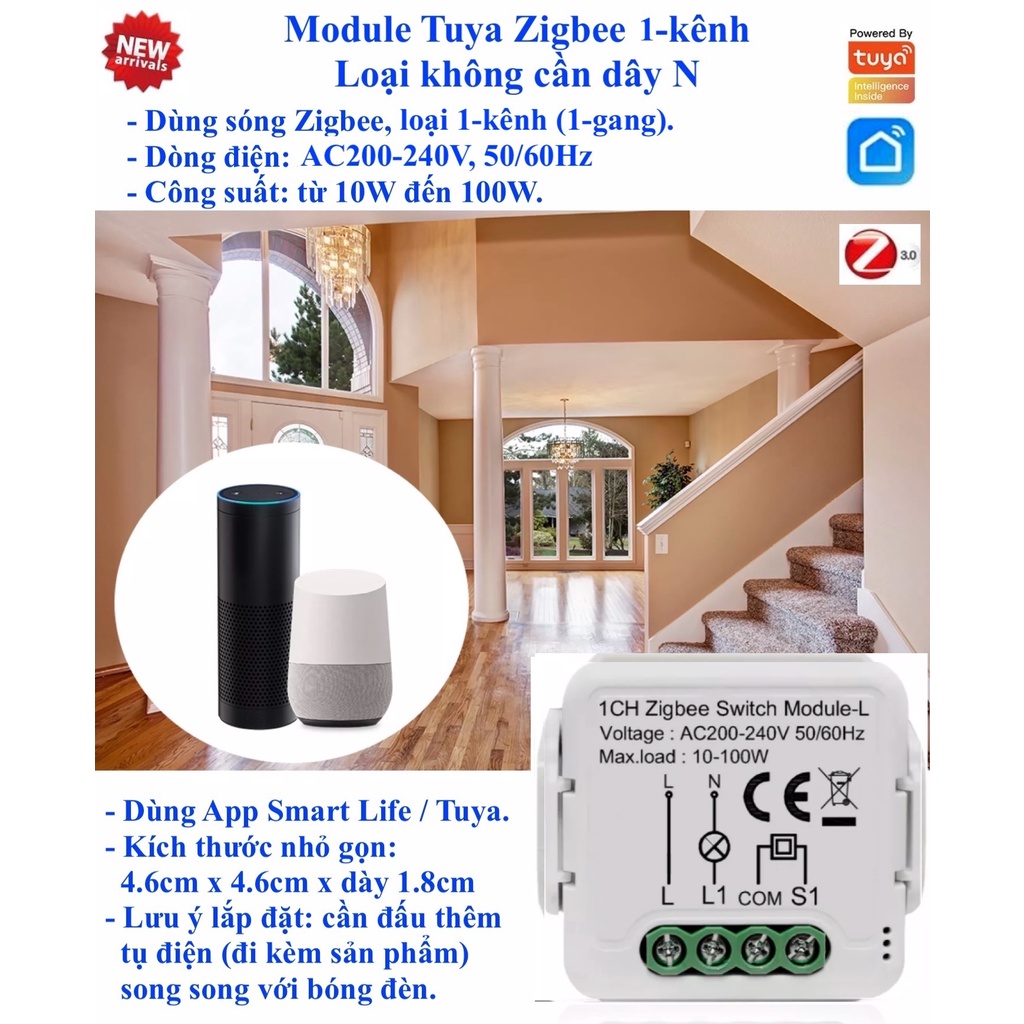 Module (Mô đun) công tắc Zigbee / Wifi không cần dây N (dây Nguội), App Smart Life / Tuya / Home Assistant. Mẫu 0 -