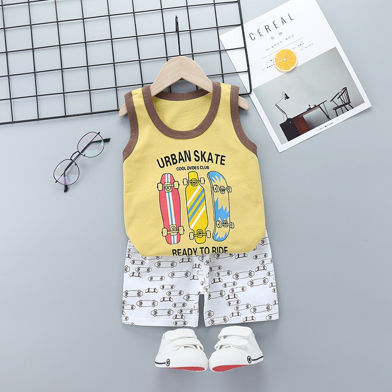 Bộ Áo Sơ Mi Không Tay + Quần Short Cotton Thời Trang Cho Bé