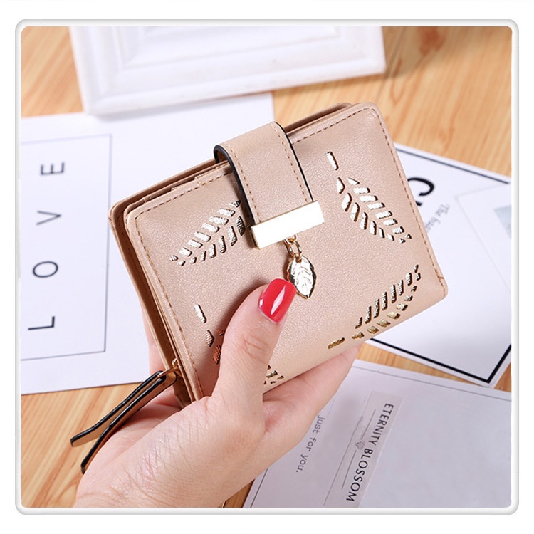 Ví Ngắn Cầm Tay Có Khóa Kéo Họa Tiết Lá Rỗng Phong Cách Hàn Quốc Cho Nữ Giá Đỡ
