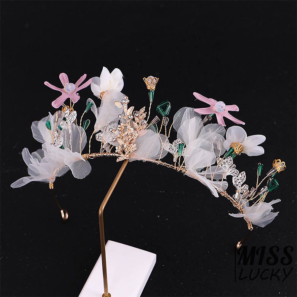 Băng đô cài tóc trang trí hoa lụa đính đá xinh xắn cho cô dâu