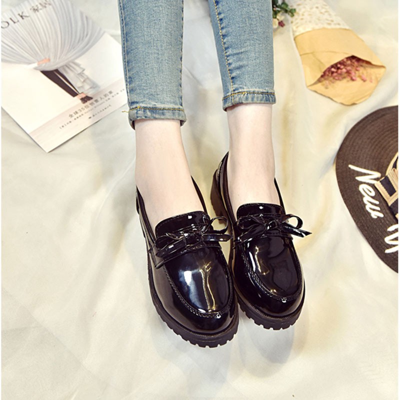 Giày lười IELGY da mũi tròn đế thô phong cách retro sành điệu thời trang cho nữ
