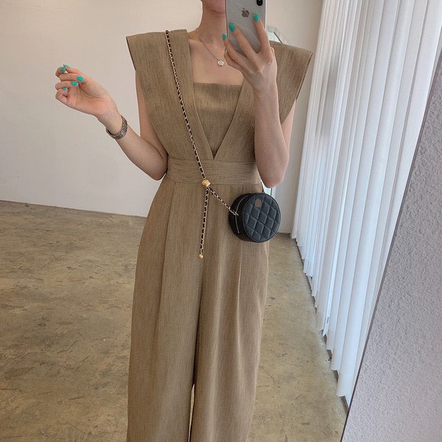 Korean-StylechicSummer Retro Square Collar Waist Slimming Loose All-Matching Long Sleeveless Jumpsuit Wide Leg Pants for Women | BigBuy360 - bigbuy360.vn