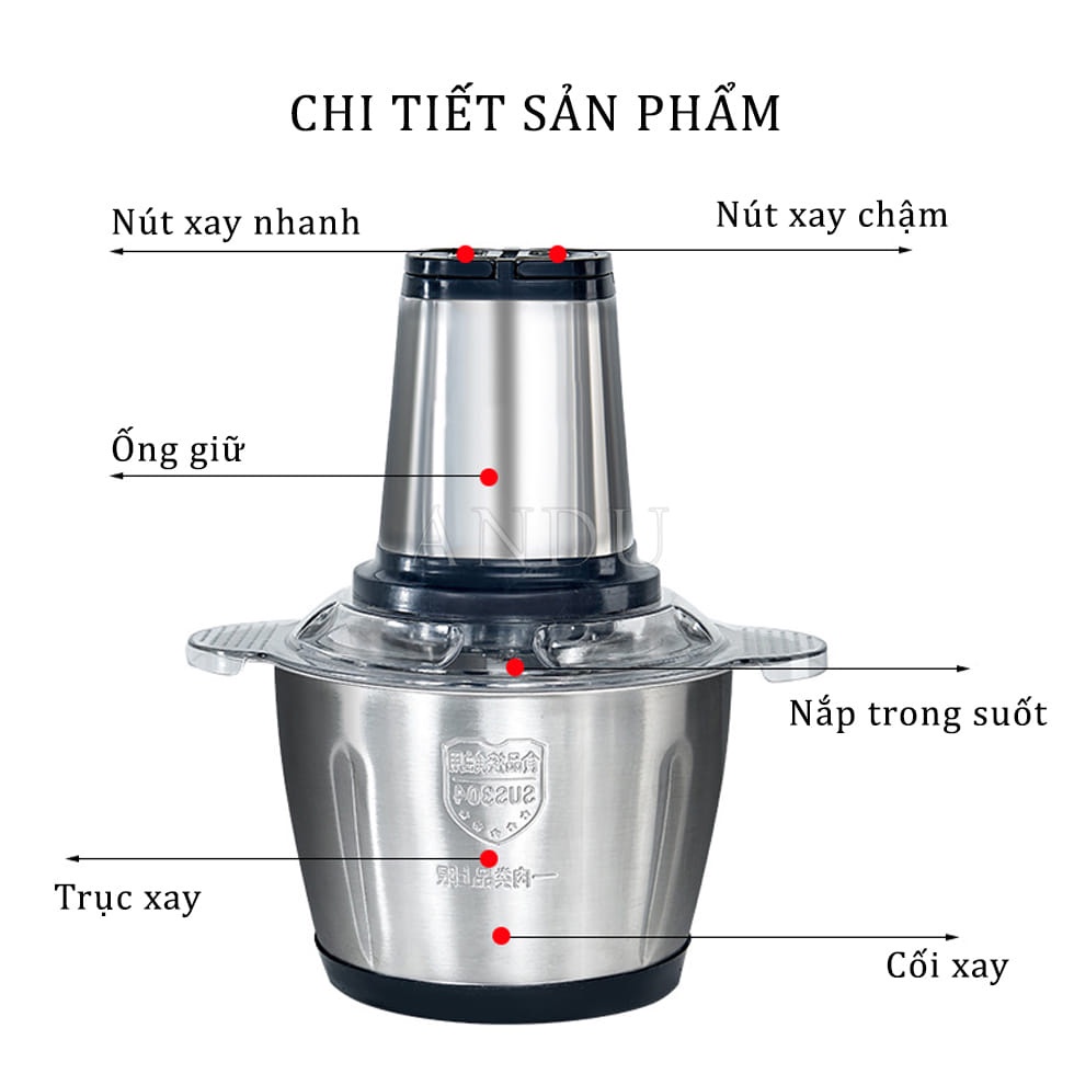 Máy Xay Thịt Cối Đa Năng INOX 304, 2L Công Suất 300W 4 Lưỡi Kép - Cối xay thực phẩm, rau củ