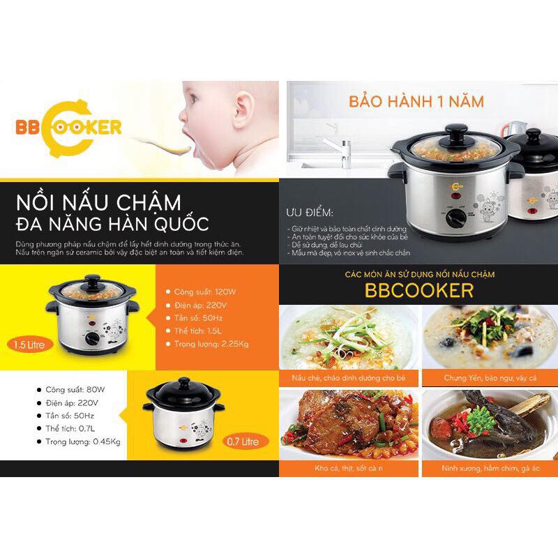 Nồi nấu cháo chậm BBCOOKER Hàn Quốc 1,5l- Tặng kèm cốc hoặc bát sứ cao cấp