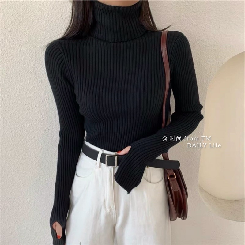 Áo Len Croptop Gân Dài Tay Cổ Lọ Đứng Form - Ảnh chụp sàn/ Hàng QC