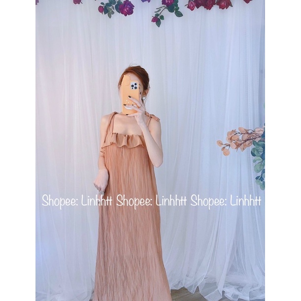 MAXI BÈO XẾP LY 2 DÂY FORM RỘNG XUÔNG DẬP LY SUÔNG FREESIZE ĐẦM BẦU