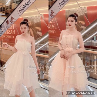 Váy/Đầm tơ oganza cúp ngực khâu hoa eo