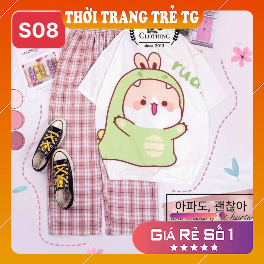 Đồ bộ nữ 𝑭𝒓𝒆𝒆𝒔𝒉𝒊𝒑 Set Đồ Bộ Quần Sọc Caro Ống Rộng S03 Hình Cartoon Cute  Freesize Form Rộng Cực Thoáng Mát