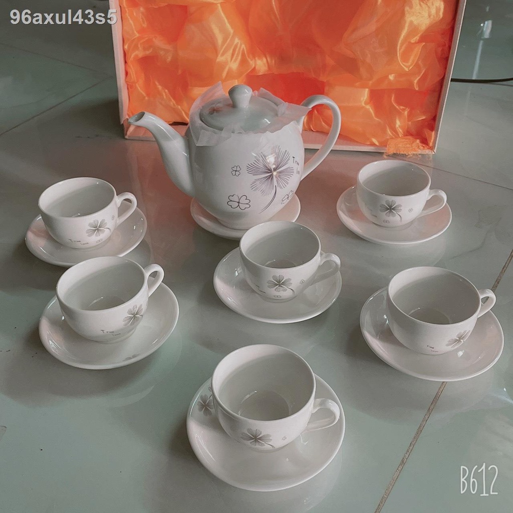 Bộ Tách Trà Lụa Gốm Sứ Tráng Men Hoa Văn Cỏ May Mắn 1 Ấm + 6 Tách Kèm Dĩa, Màu Sắc Trắng Sáng Bao Đ