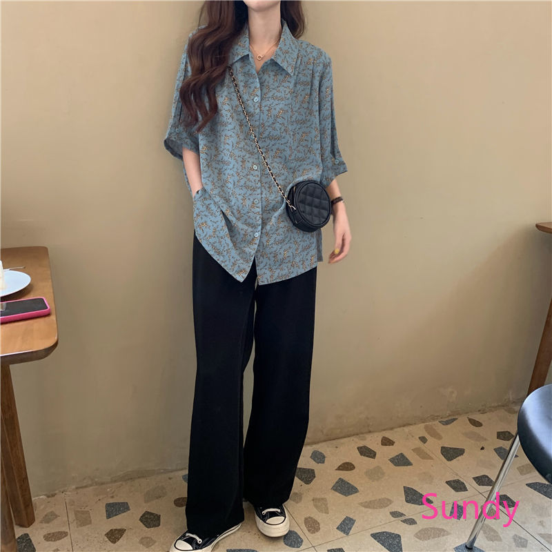 Áo sơ mi voan hoa tay ngắn thời trang cho nữ