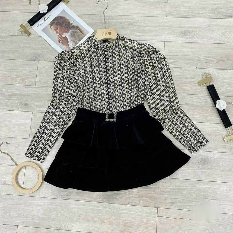 Chân váy nhung rút dây xếp tầng size SML- ROSE STORE