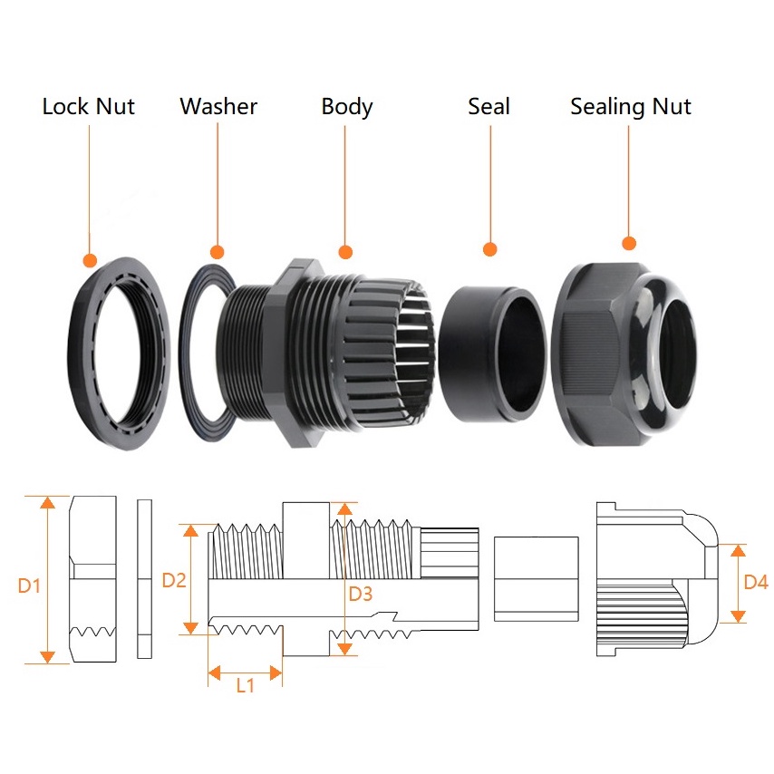 Ốc siết cáp nhựa loại tốt có ron chống cháy kích thước lớn PG21 ~ PG48 chống cháy [đơn tối thiểu 30k]