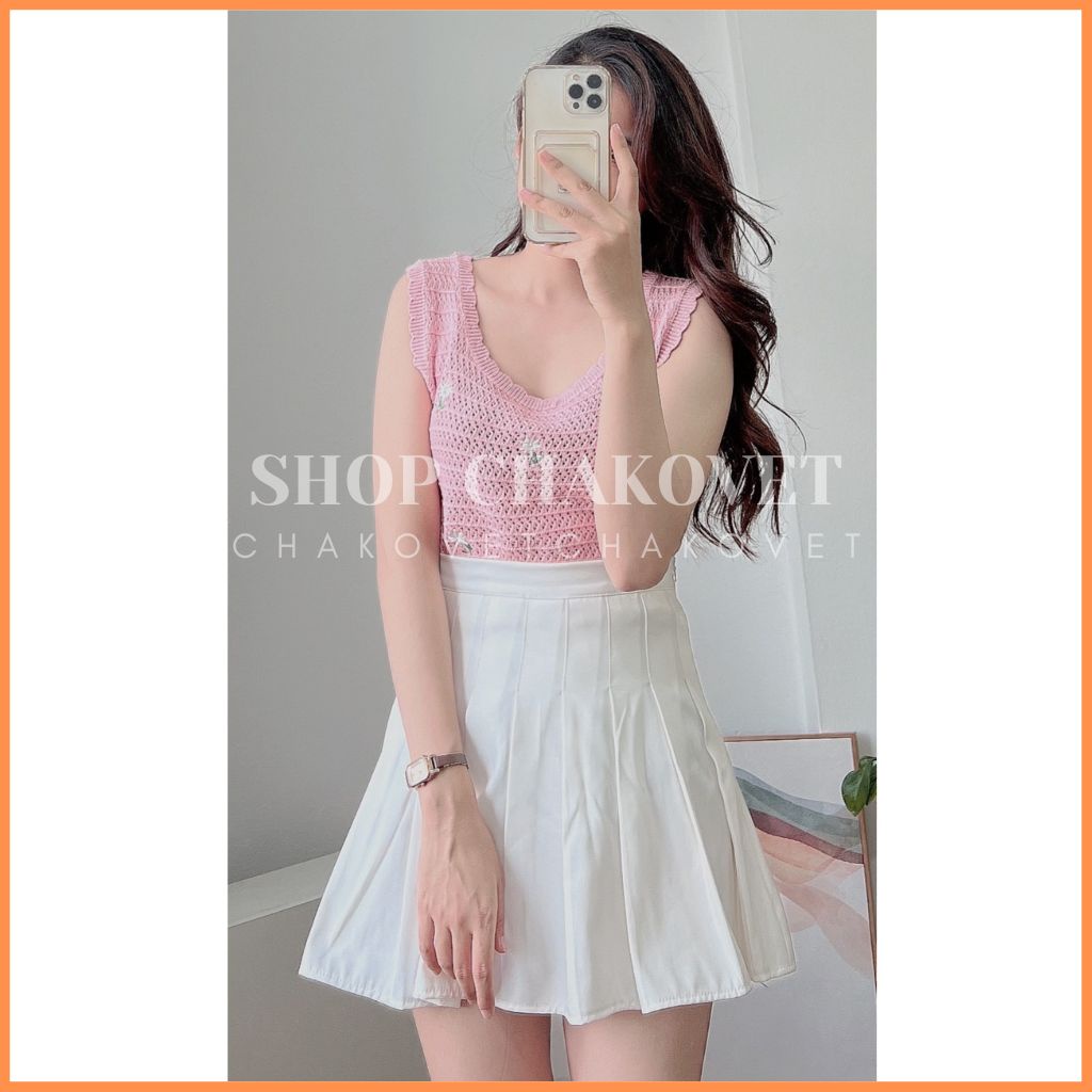 Áo len ba lỗ dáng Croptop tiểu thư A8402 Áo 2 dây bản to dệt kim thêu họa tiết hoa xinh xắn thời trang Hàn Quốc cực HOT