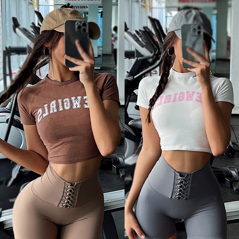 Áo Thun Croptop Thể Thao Tay Ngắn Dáng Ôm In Chữ Kiểu Hàn Quốc Cá Tính Cho Nữ