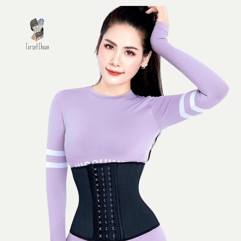 Đai nịt bụng giảm mỡ định hình eo thon Latex Corset Chuẩn Châu Âu truyền thống màu đen phiên bản không viền chữ