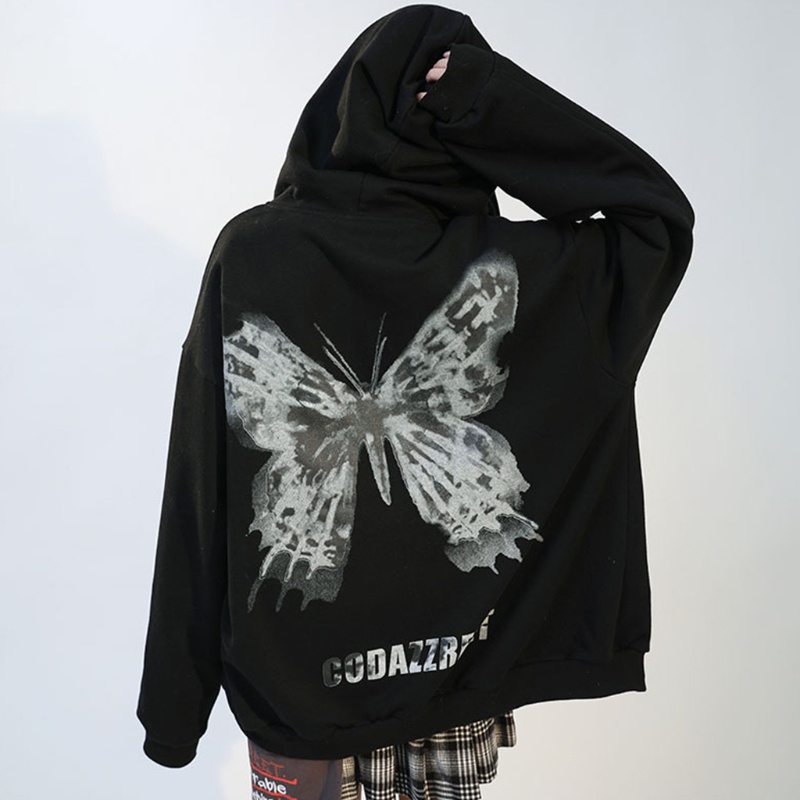 YOUYO Women Gothic Punk Butterfly Print Hoodies Jacket Harajuku Hip Hop Long Sleeve Zip Up Sweatshirt Oversized Loose Coat