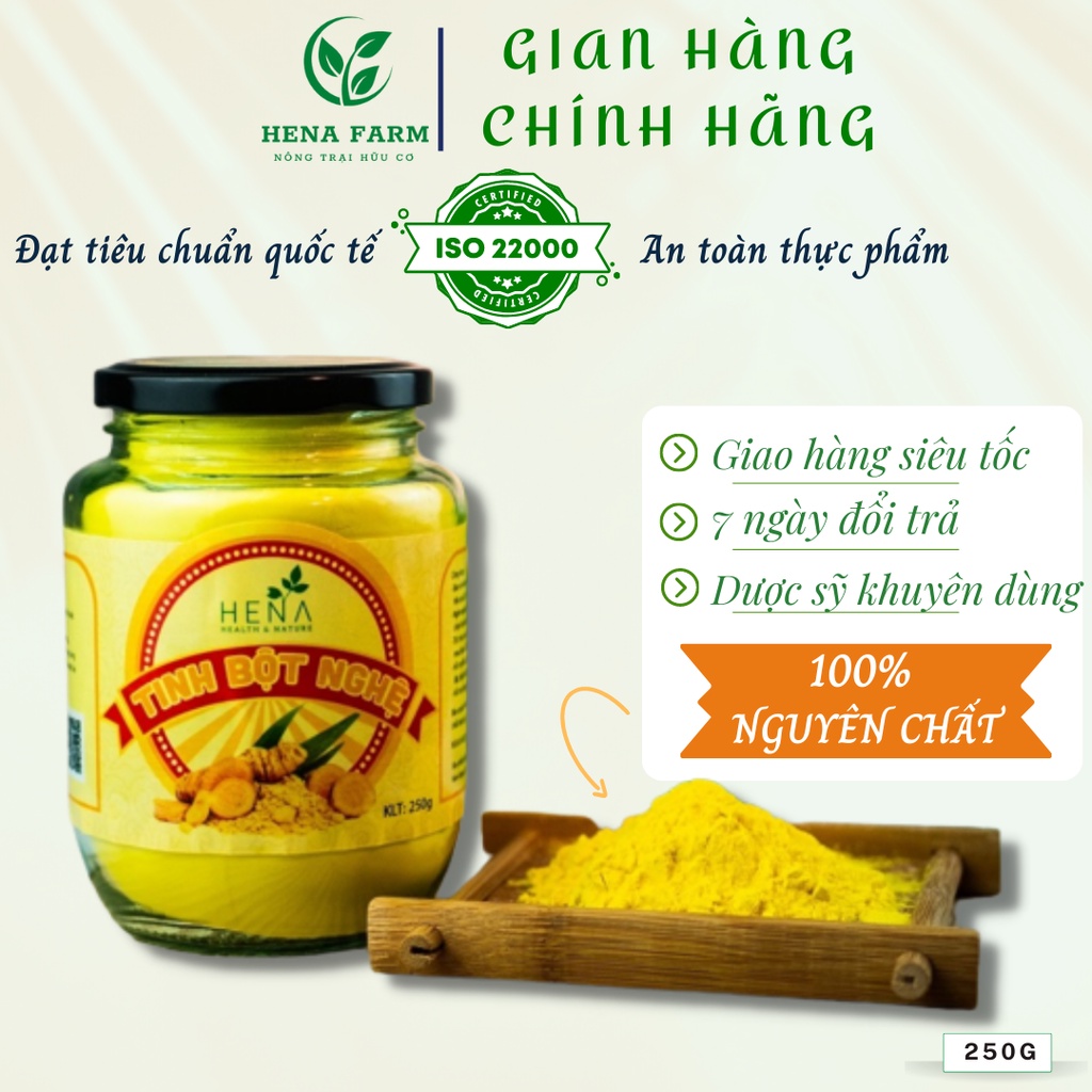 Tinh Bột Nghệ Nguyên Chất Hena 250g, Đạt Tiêu Chuẩn ISO 22000:2018, Tinh Bột Nghệ Giảm Đau Dạ Dày Hiệu Quả