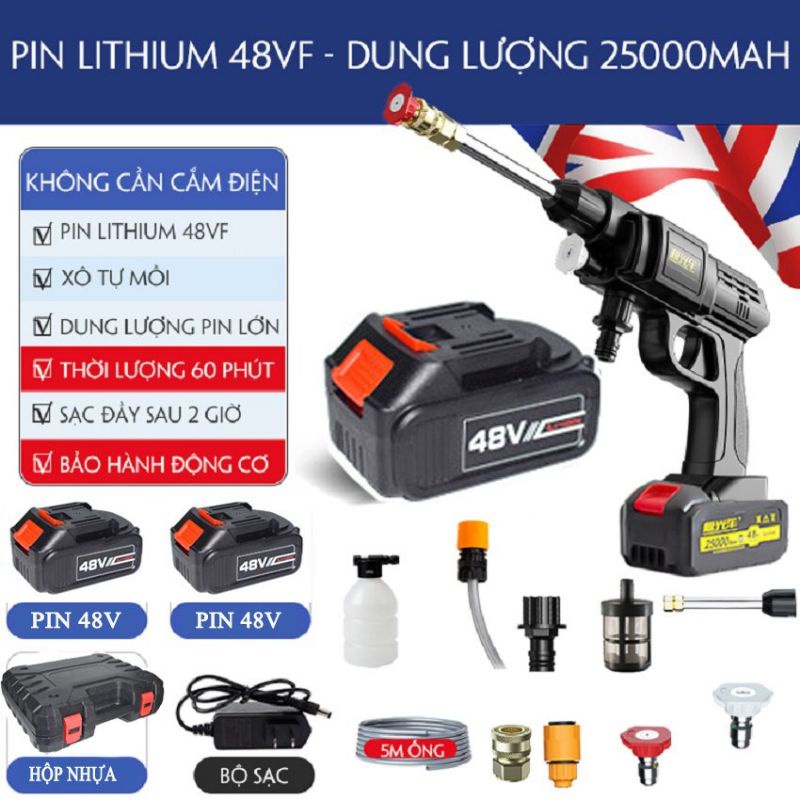 Máy bơm rửa xe, máy rửa xe oto dùng pin 48v, sự dụng trong 3 tiếng liên tục bảo hành 12 tháng