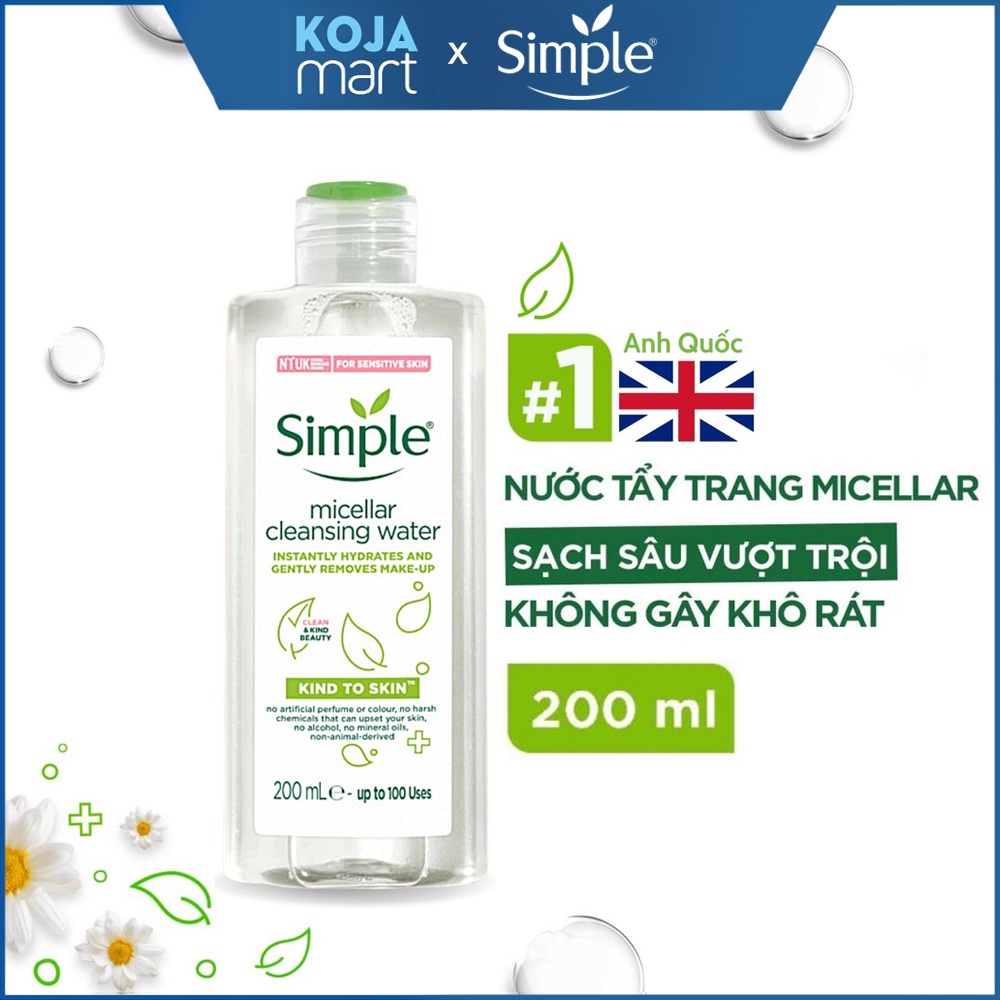 Nước Tẩy Trang Simple Micellar 200ml Làm Sạch Trang Điểm Skincare Chăm Sóc Dưỡng Da Vượt Trội