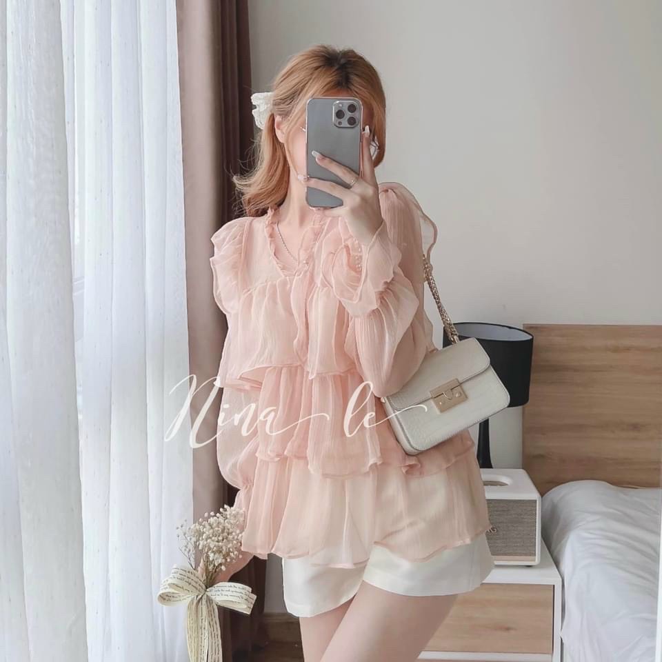 Sét bộ nữ tay dài áo nhún bèo cổ chữ v phối lụa quần ngắn thời trang nữ phù hơp đi tiệc dạo phố