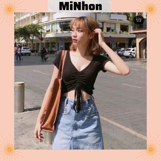 Áo croptop tay ngắn rút dây cổ tim a2-minhon