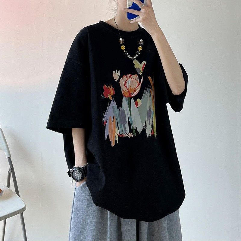 Áo Thun Cotton Ngắn Tay Dáng Rộng Phong Cách Harajuku Retro Đơn Giản Cho Nữ