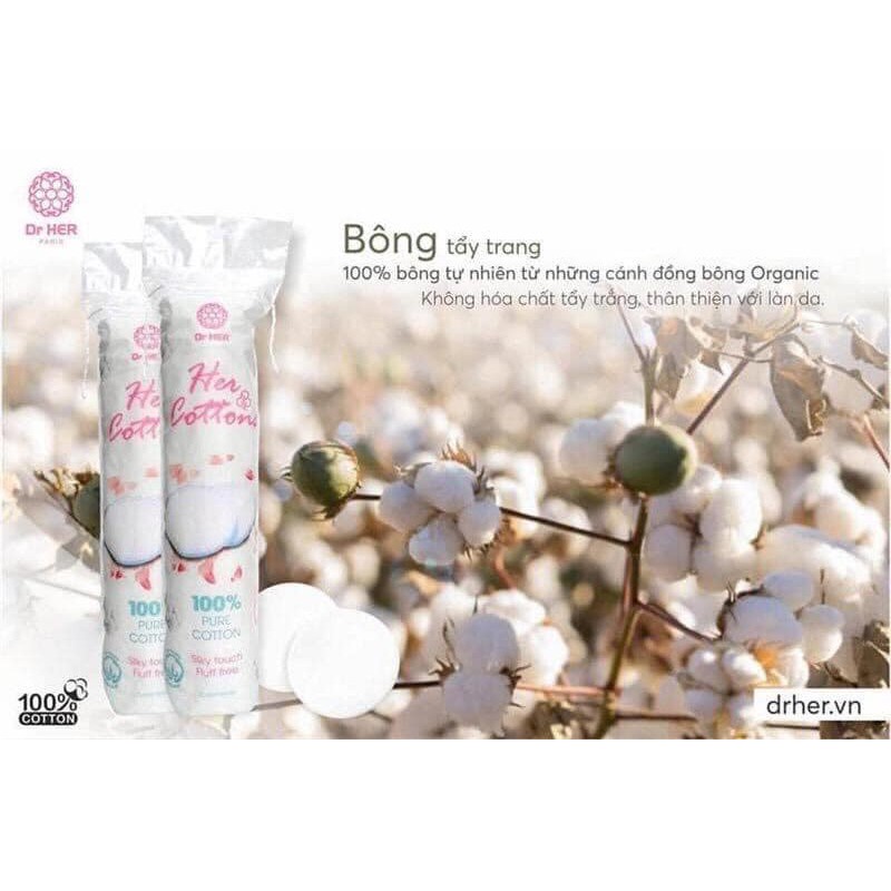 Bông Tẩy Trang Pháp Dr.Her 100% Cotton 120 Miếng, Dập Viền, Nhiều Lớp, Mềm Mịn Chính Hãng