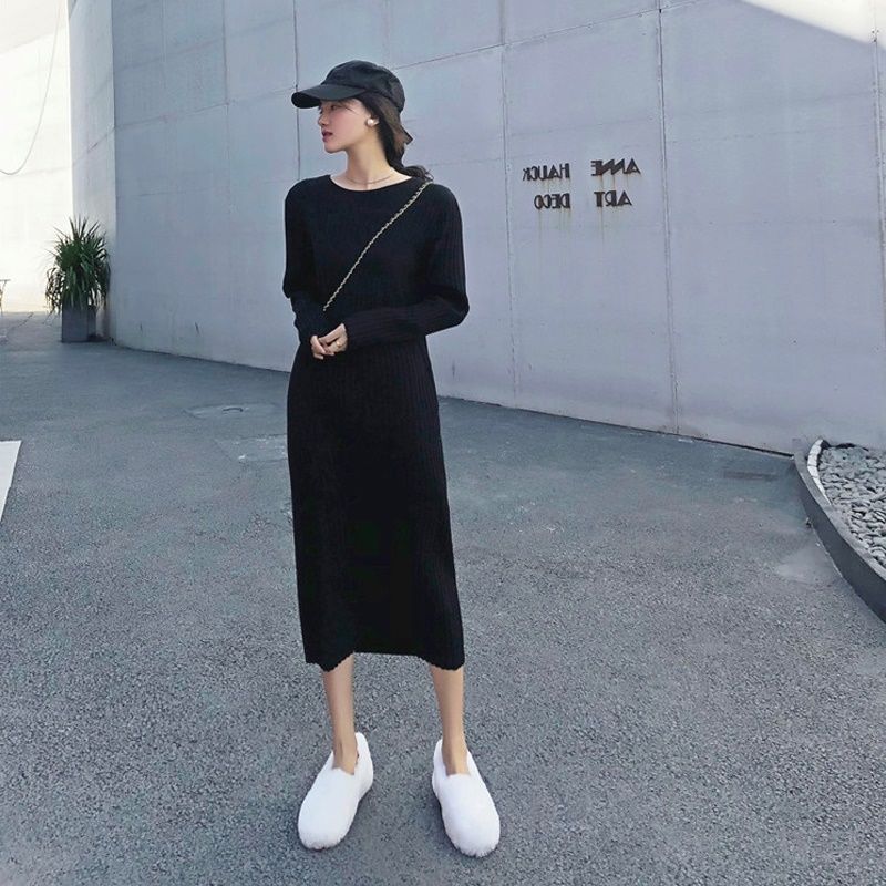 Đầm Len Suông Cổ Tròn Dệt Kim Loại 1 Hàng Quảng Châu Dài Tay Dáng Rộng Phong Cách Hàn Quốc Len Đanh Mịn