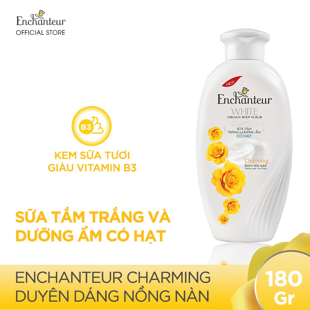 Sữa tắm trắng và dưỡng ẩm có hạt Enchanteur Charming white creamy body scrub 180gr