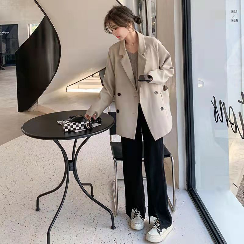 Áo Khoác Blazer Hai Hàng Nút Cài Dáng Rộng Cỡ Nhỏ Màu Sắc Tương Phản Phong Cách Hàn Quốc Thời Trang Xuân Thu 2023