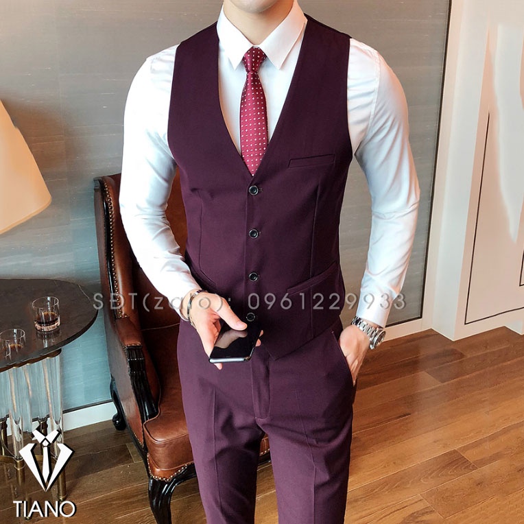 Bộ Vest nam form ôm body 1 cúc màu ĐỎ ĐÔ chất vải dày mịn co giãn nhẹ, form ôm đẹp. Suit Nam Cao Cấp - TIANO STORE