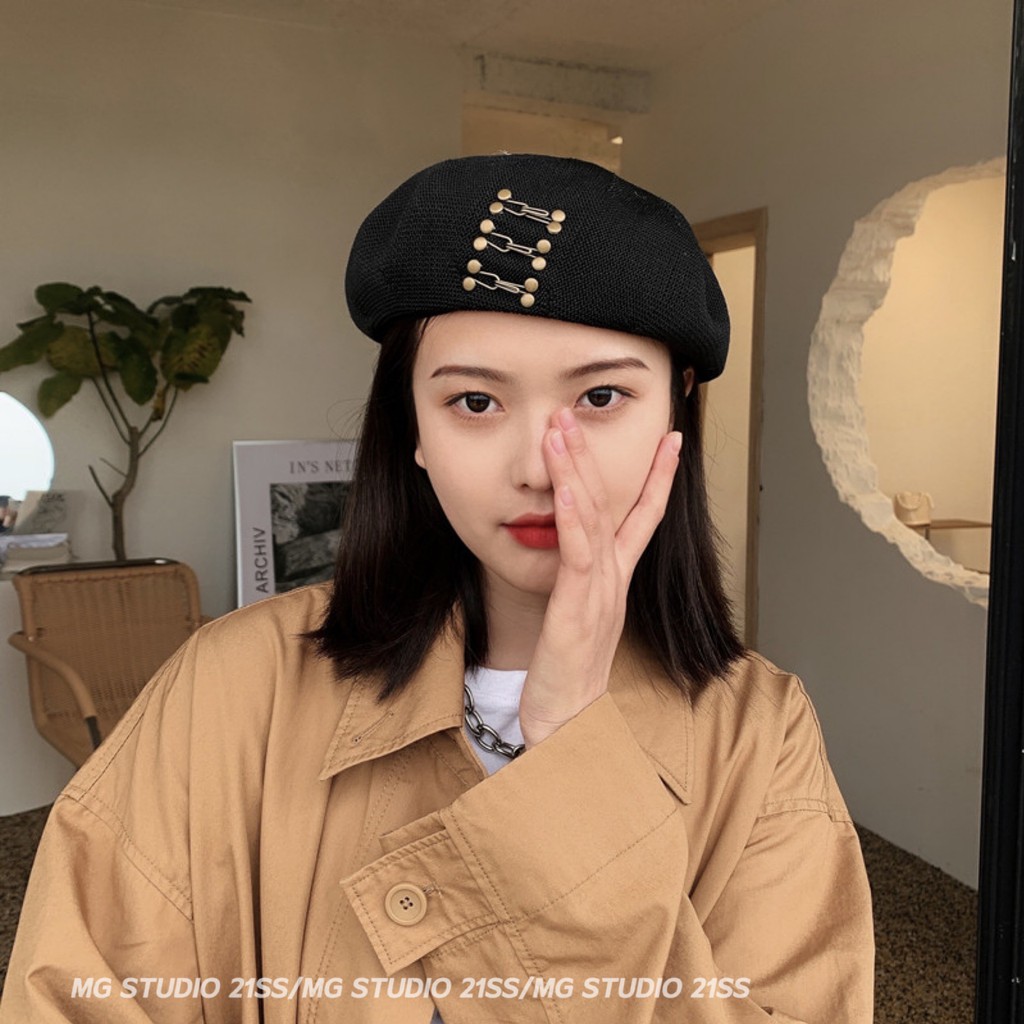 Mũ Beret MG STUDIO Chất Liệu Cotton Thiết Kế Khóa Cài Đinh Tán