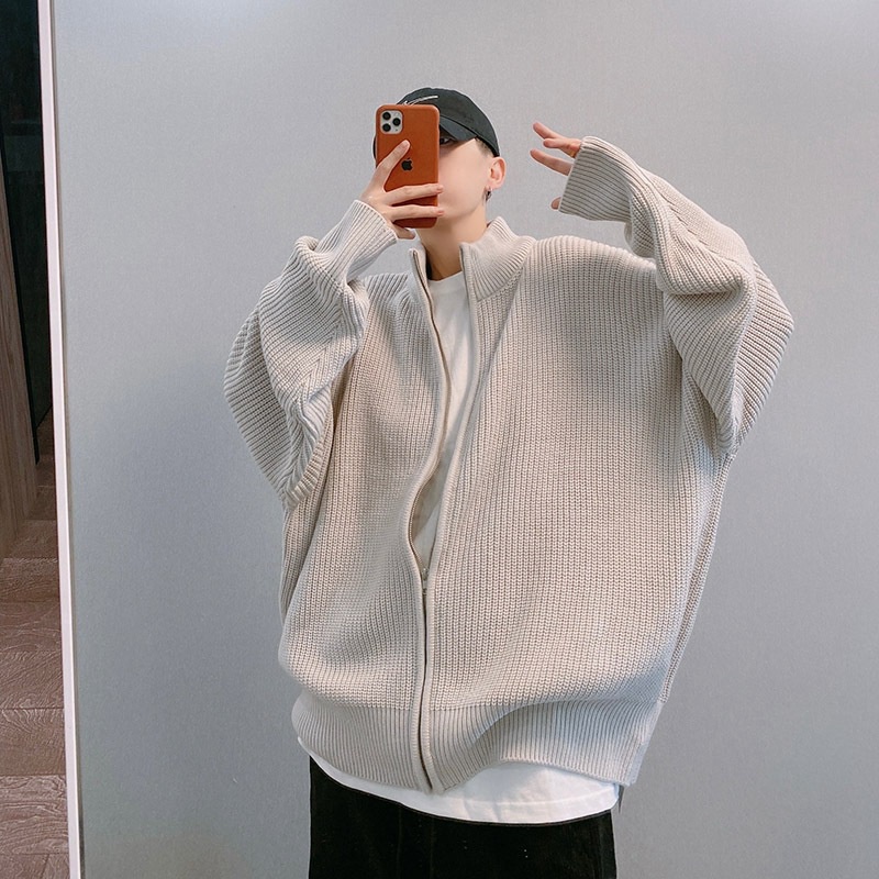 Áo khoác dệt kim dáng rộng phối khóa kéo thời trang thu đông cho nam và nữ