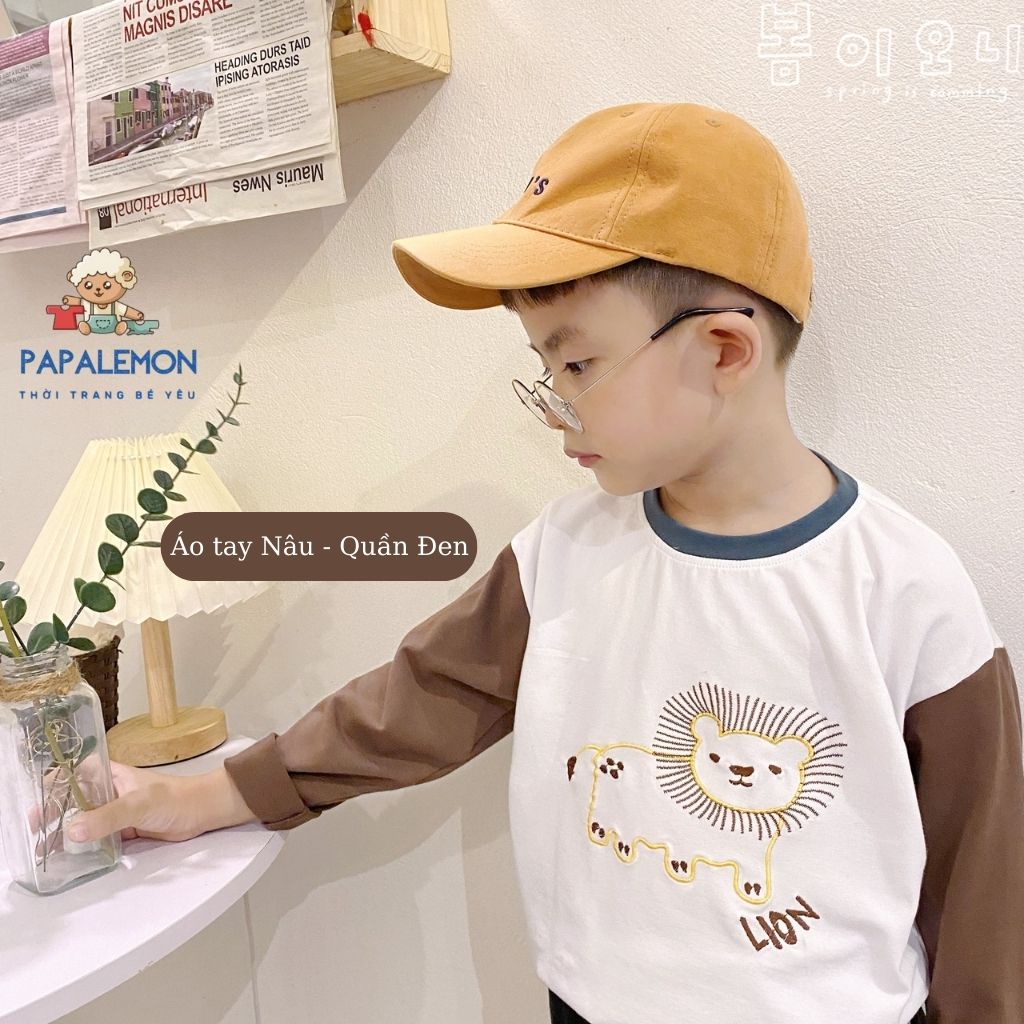 Đồ bộ cho bé trai, B010, bộ thu đông bé trai với chất liệu vải áo cotton mềm mại phối quần linen nhẹ mát, PAPALEMON
